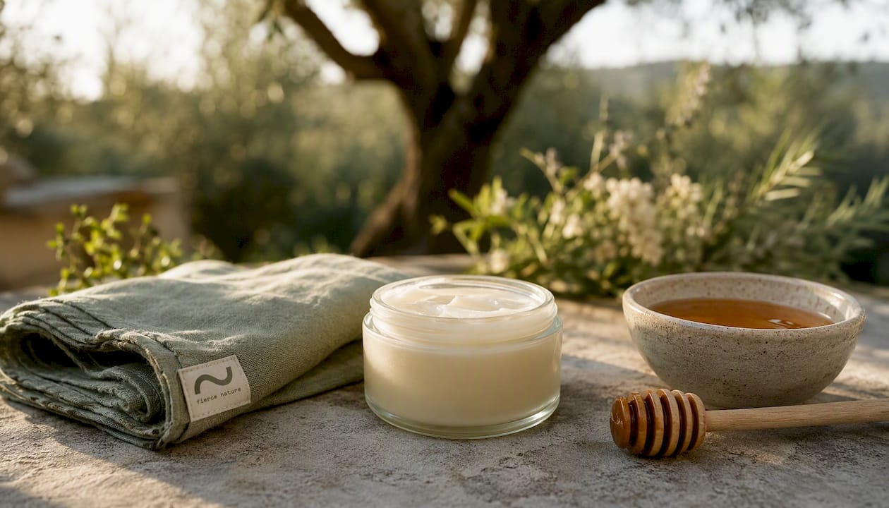 Petrolatum jar with honey and towel on stone