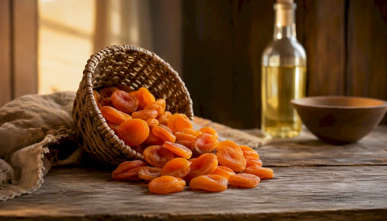 Dried apricots and wine bottle on wooden surface