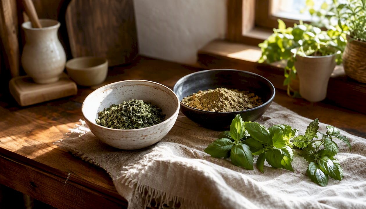 Ceramic bowls with green tea and herbal extracts