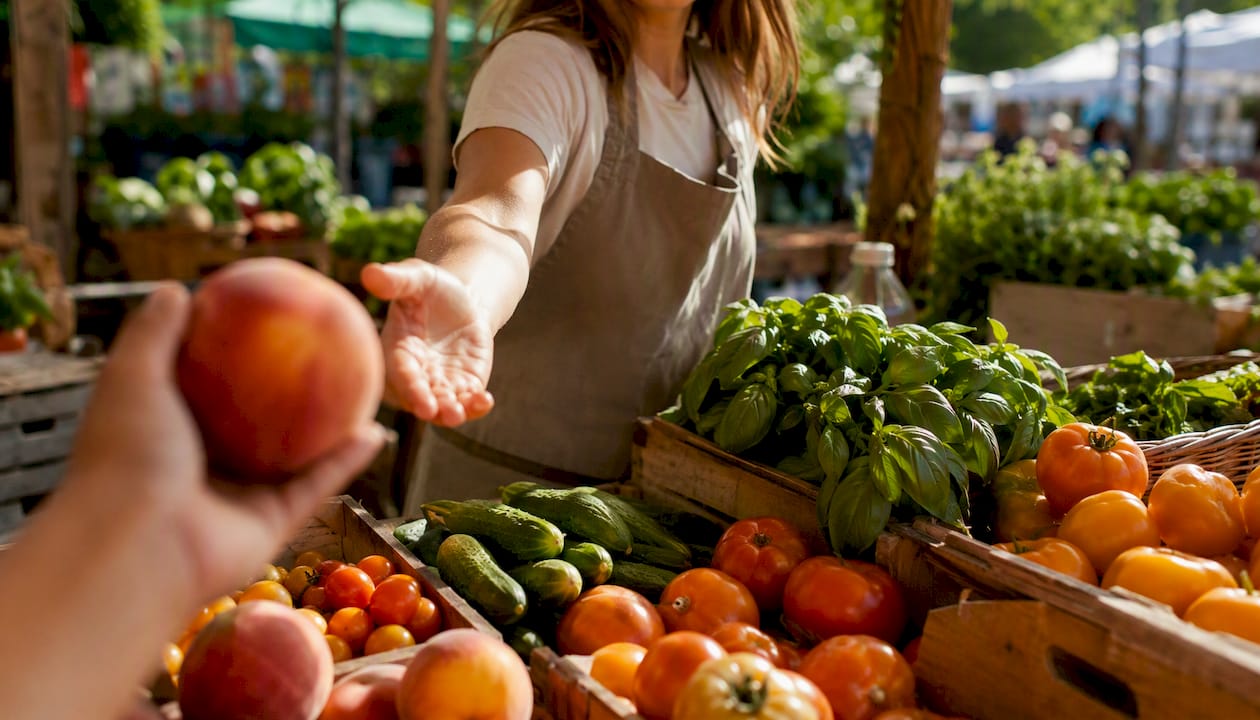 Farmers market vendor showing fresh produce detail
