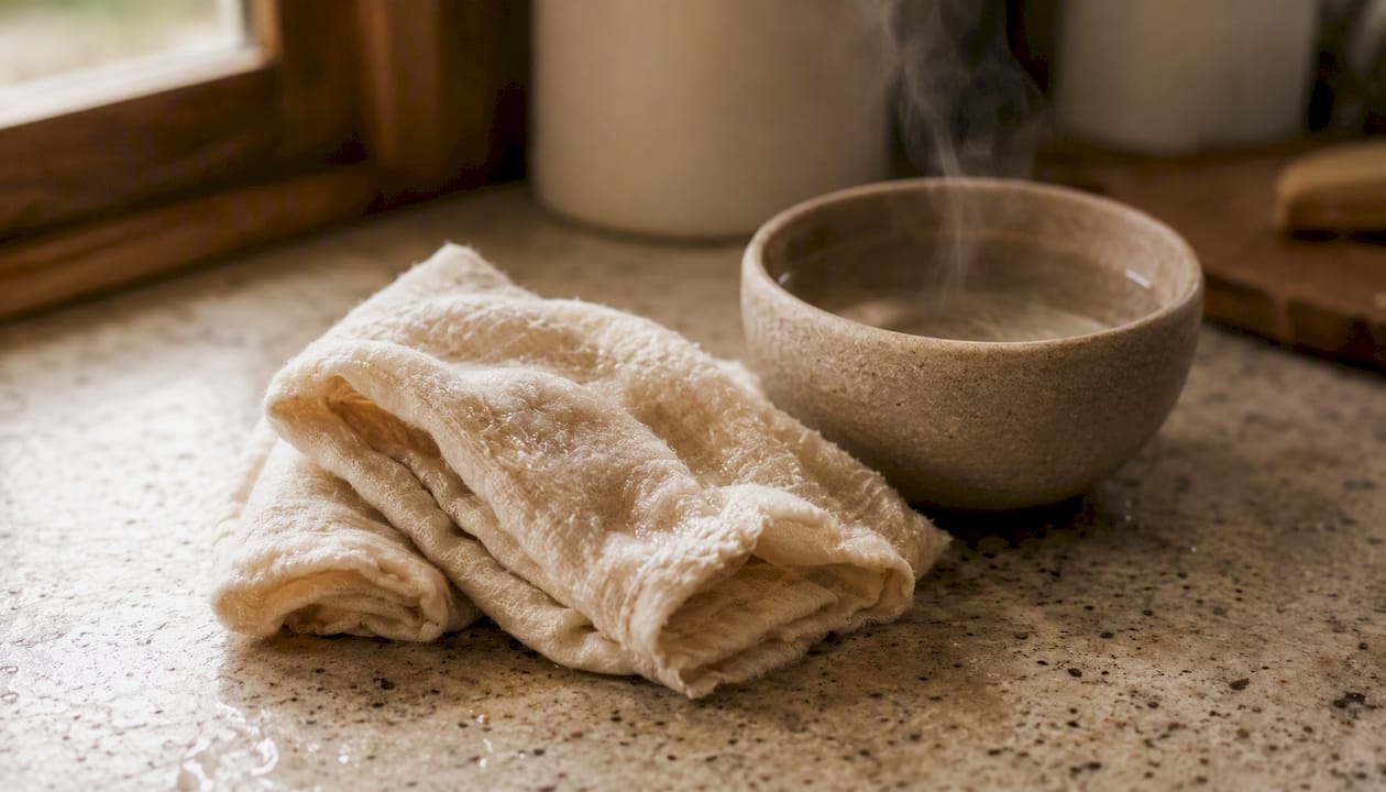 Warm muslin cloth on wood counter with steam
