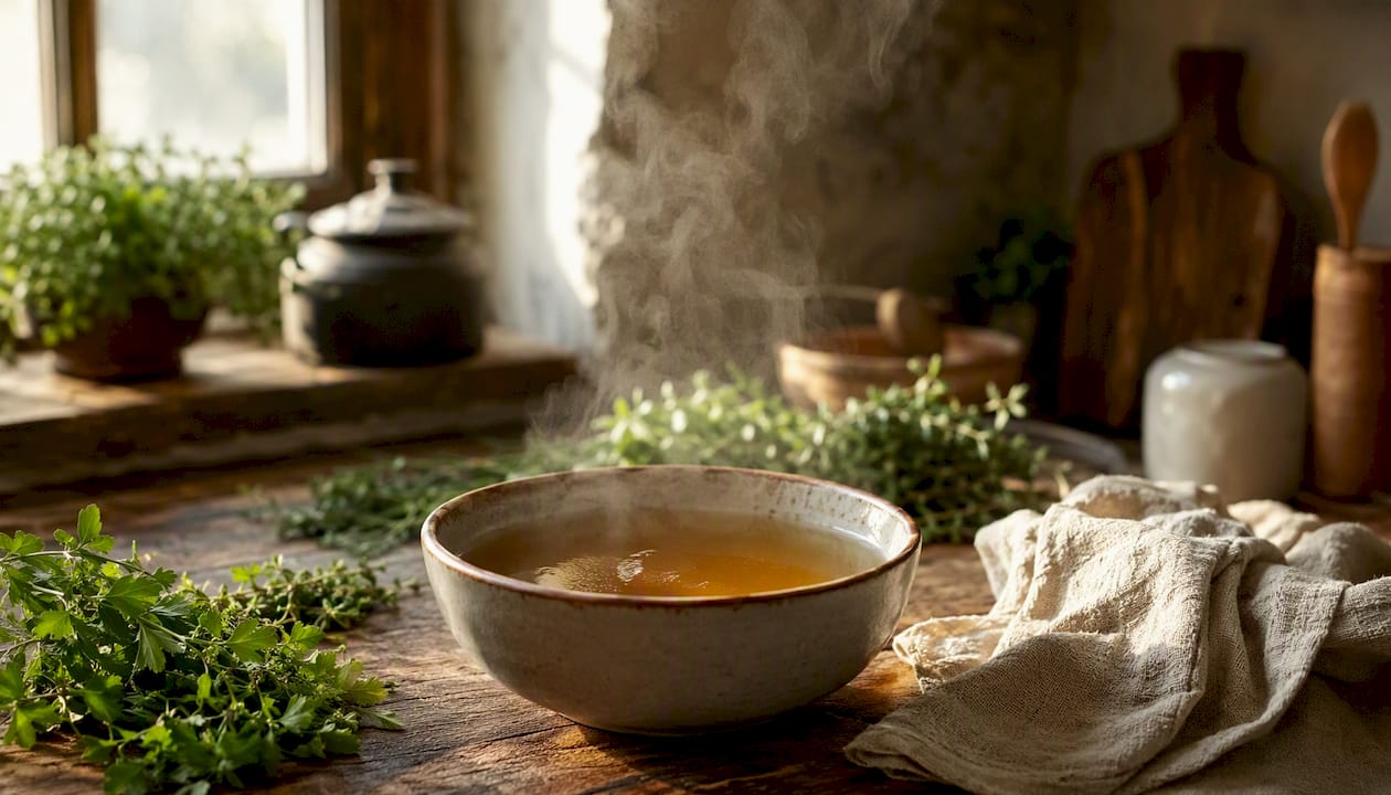 Steaming ceramic bowl of natural bone broth