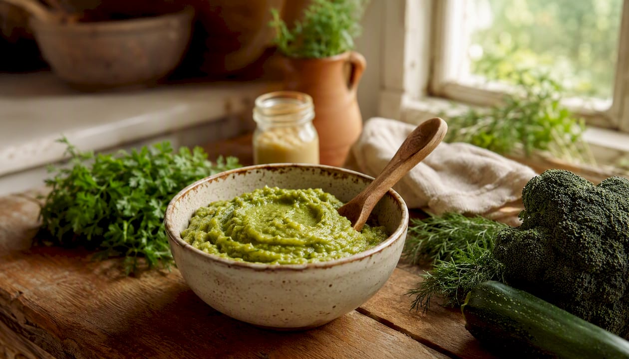 Steamed broccoli and courgette baby food in bowl