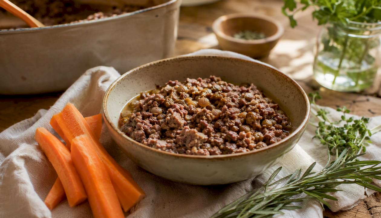 Finely minced meat and lentils for baby feeding