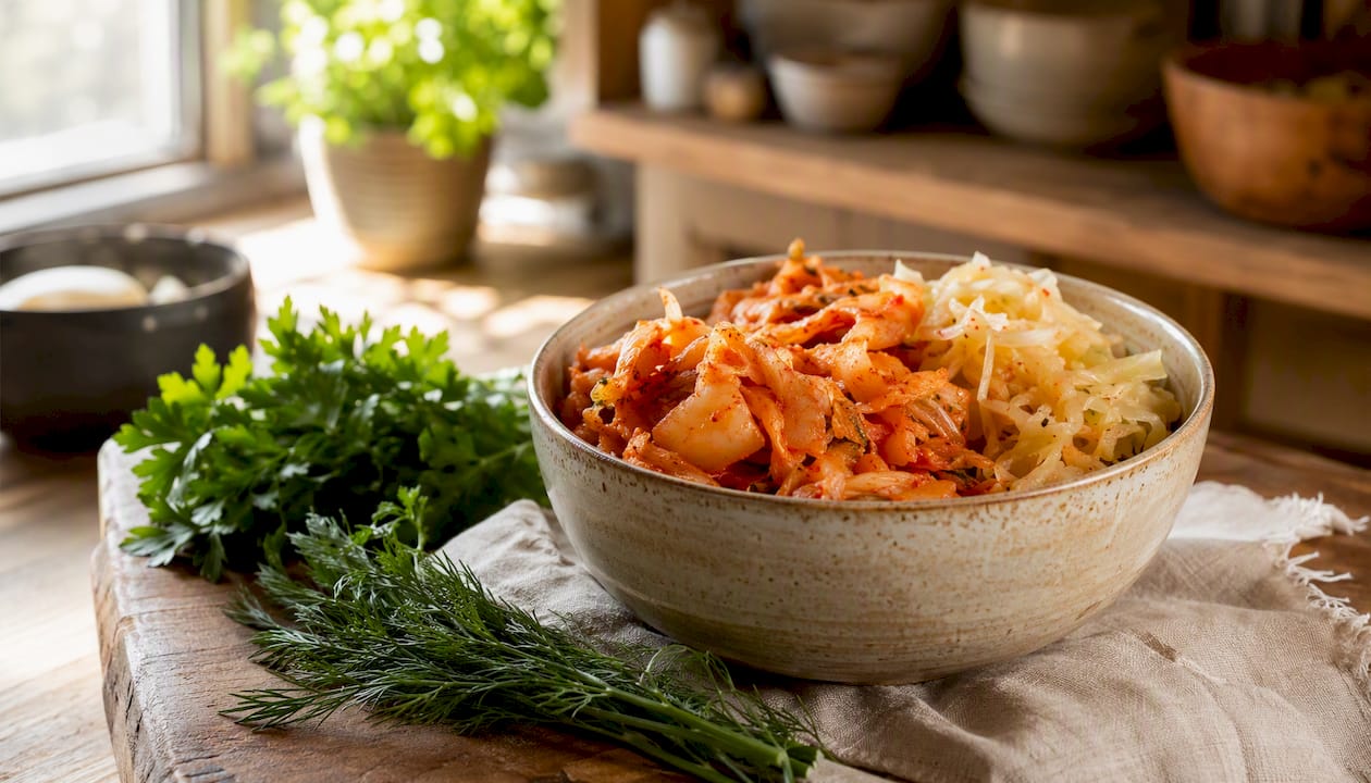 Ceramic bowl with fermented vegetables in rustic kitchen