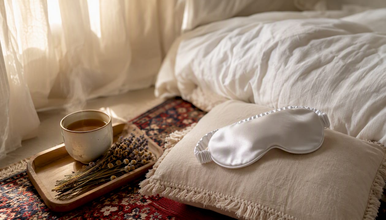 Silk eye mask and linen bed for restful sleep