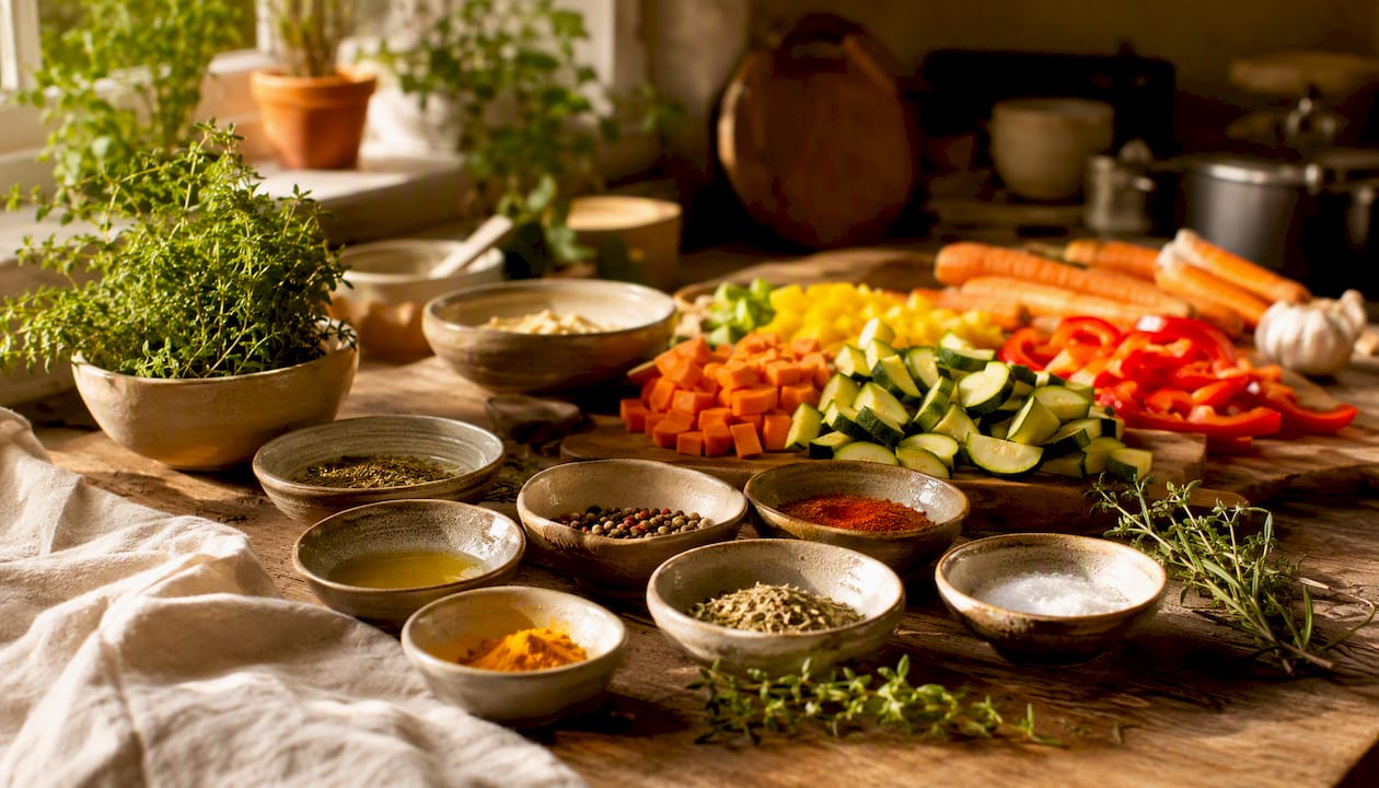 Ingredients laid out for mise en place preparation