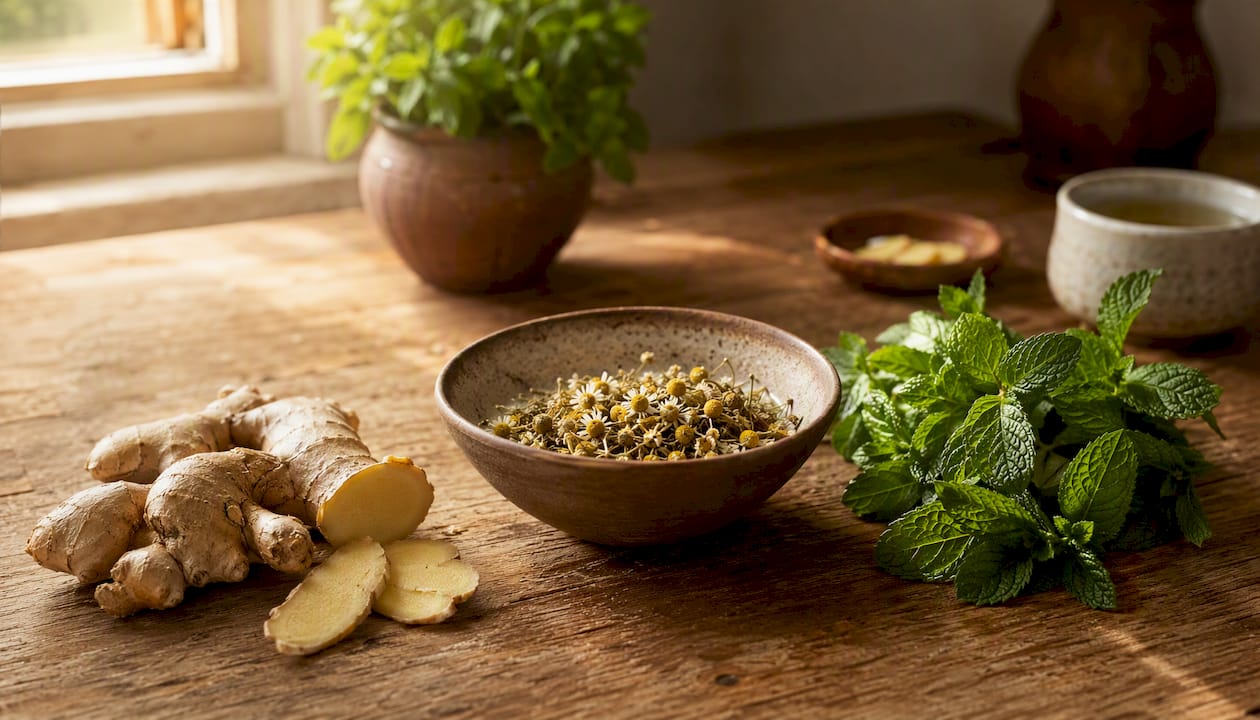 Natural stress-relieving ingredients on rustic counter