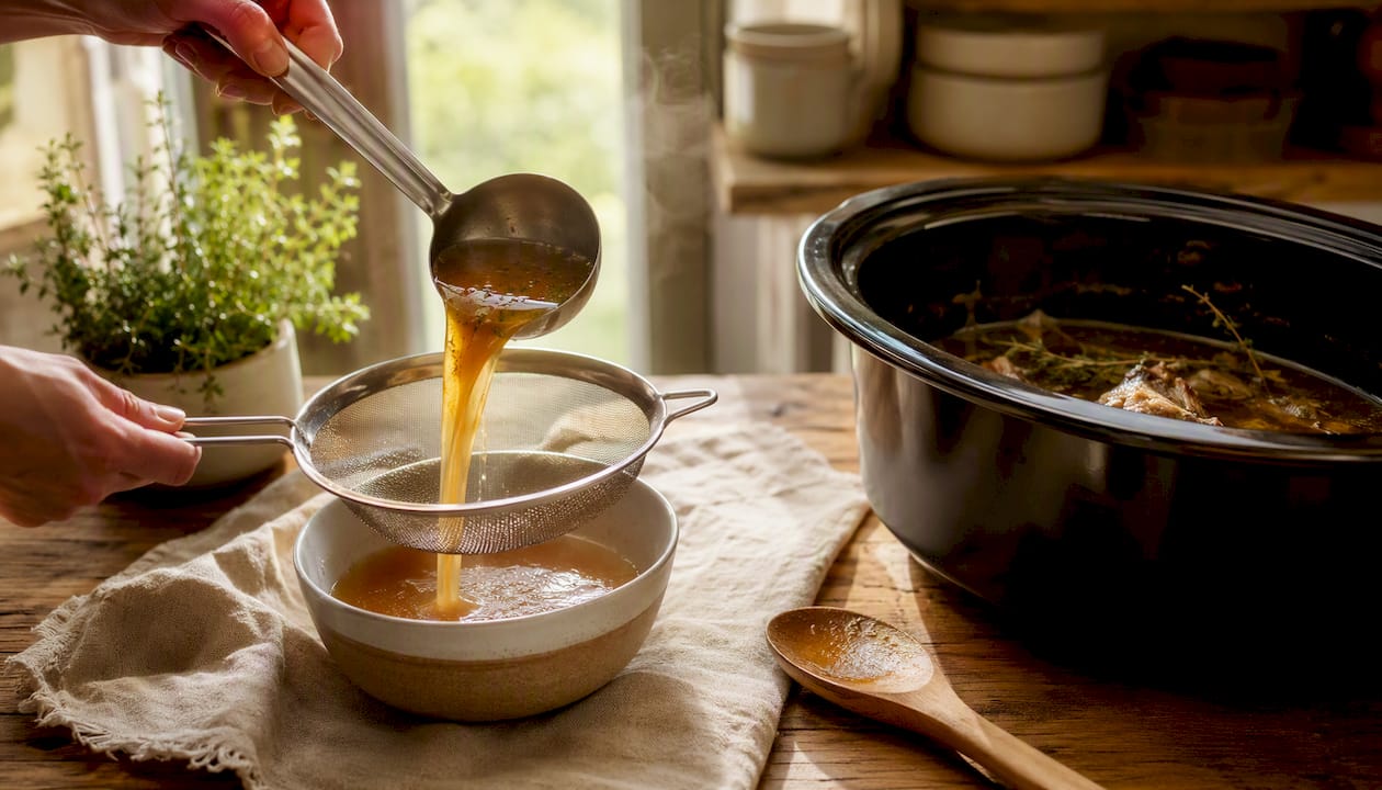 Straining bone broth through mesh sieve