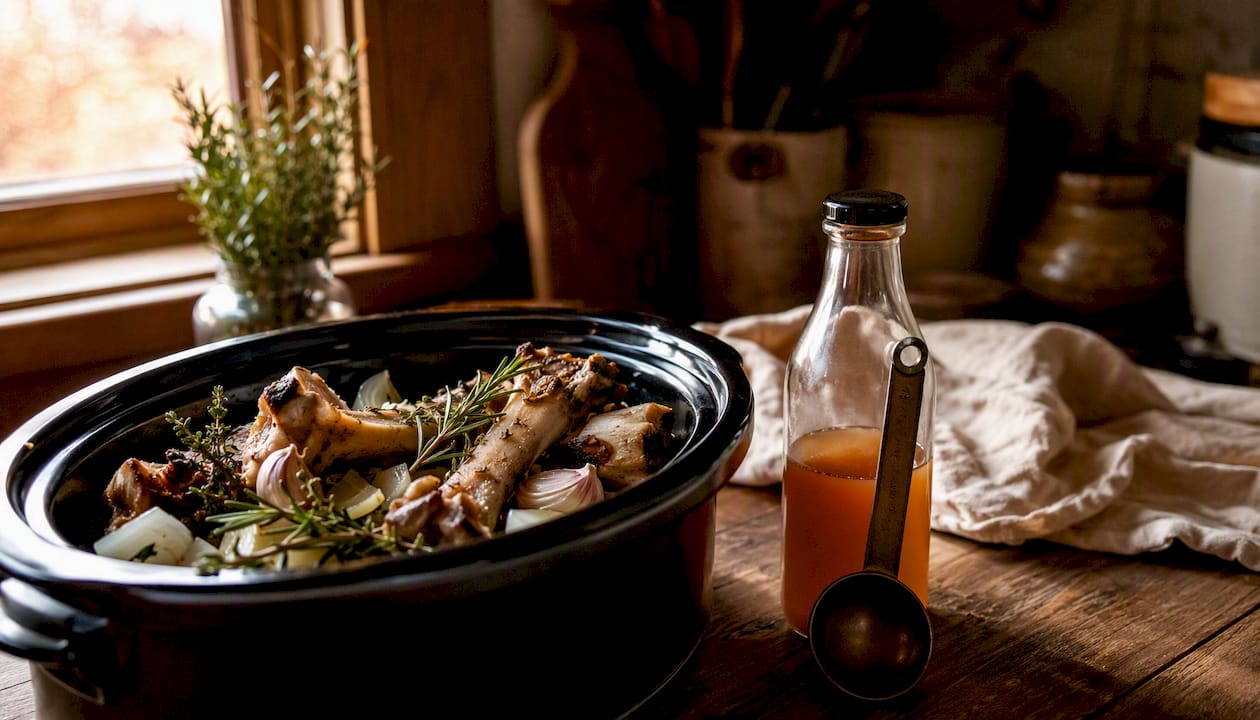 Slow cooker with bones and aromatics ready to cook