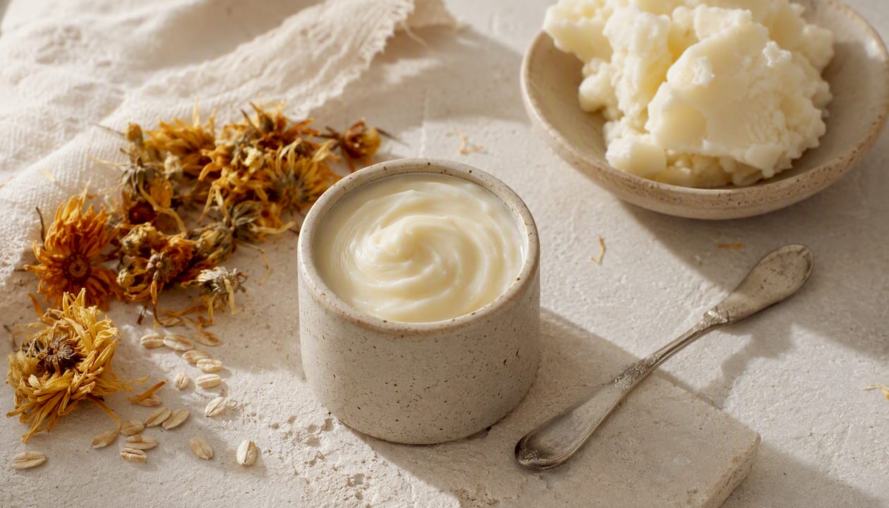 Tallow balm in ceramic jar with natural ingredients