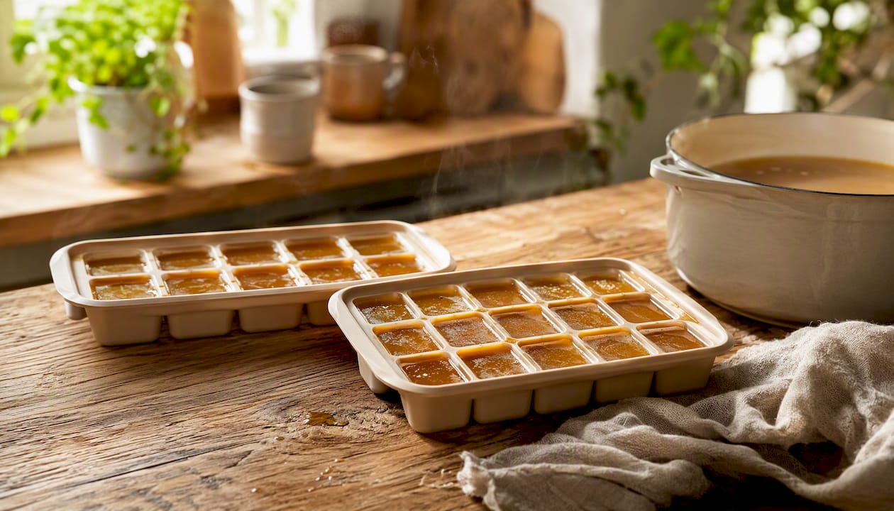 Silicone moulds filled with bone broth on wooden tray