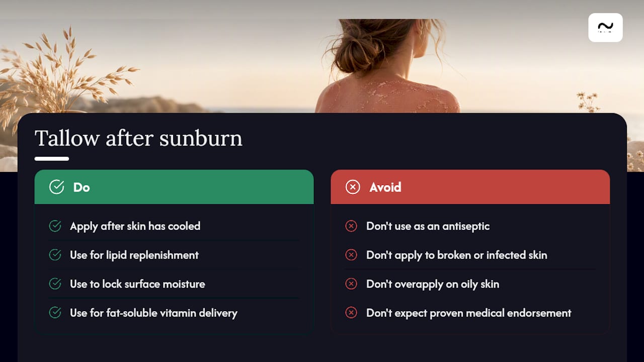 Diagram illustrating benefits and limits of tallow for sunburn