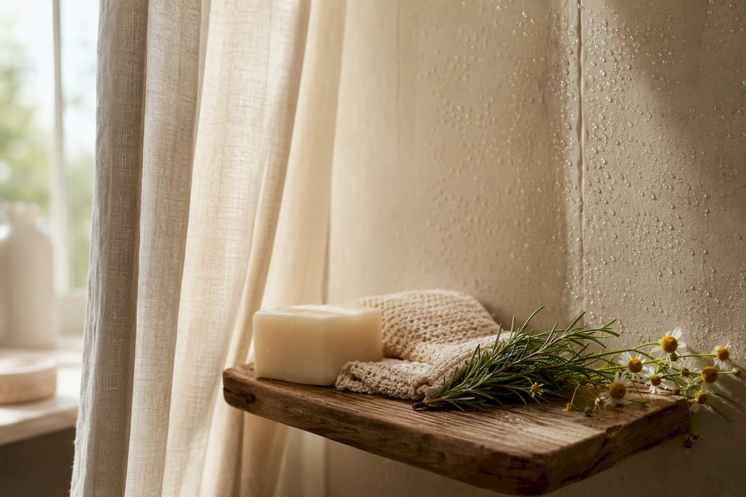 Natural soap and soft cloth on bath tray