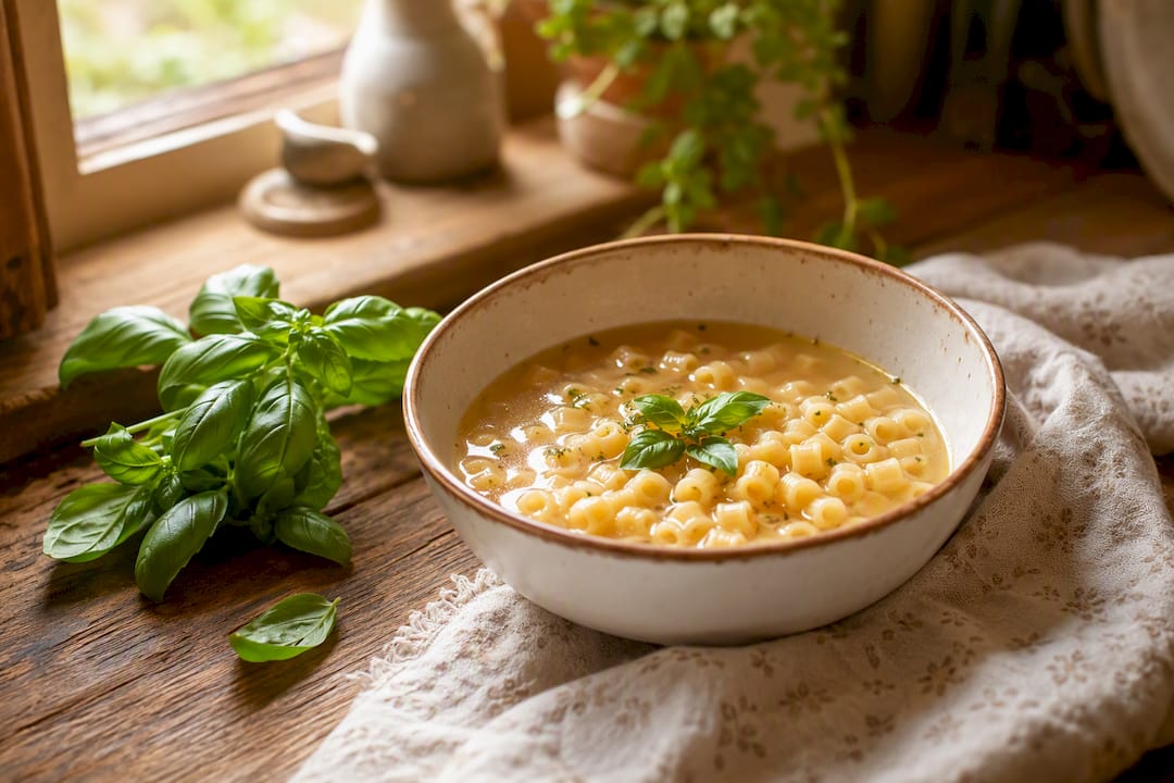 Ceramic bowl with small pasta in clear broth on wooden table