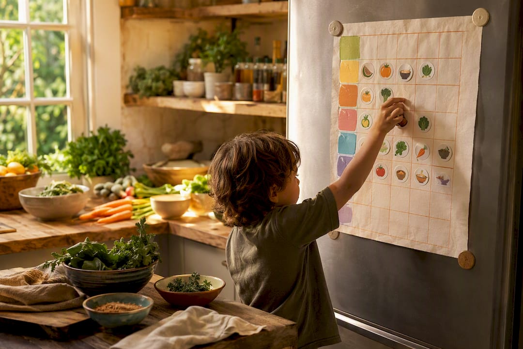 Child’s organic meal progress chart on fridge