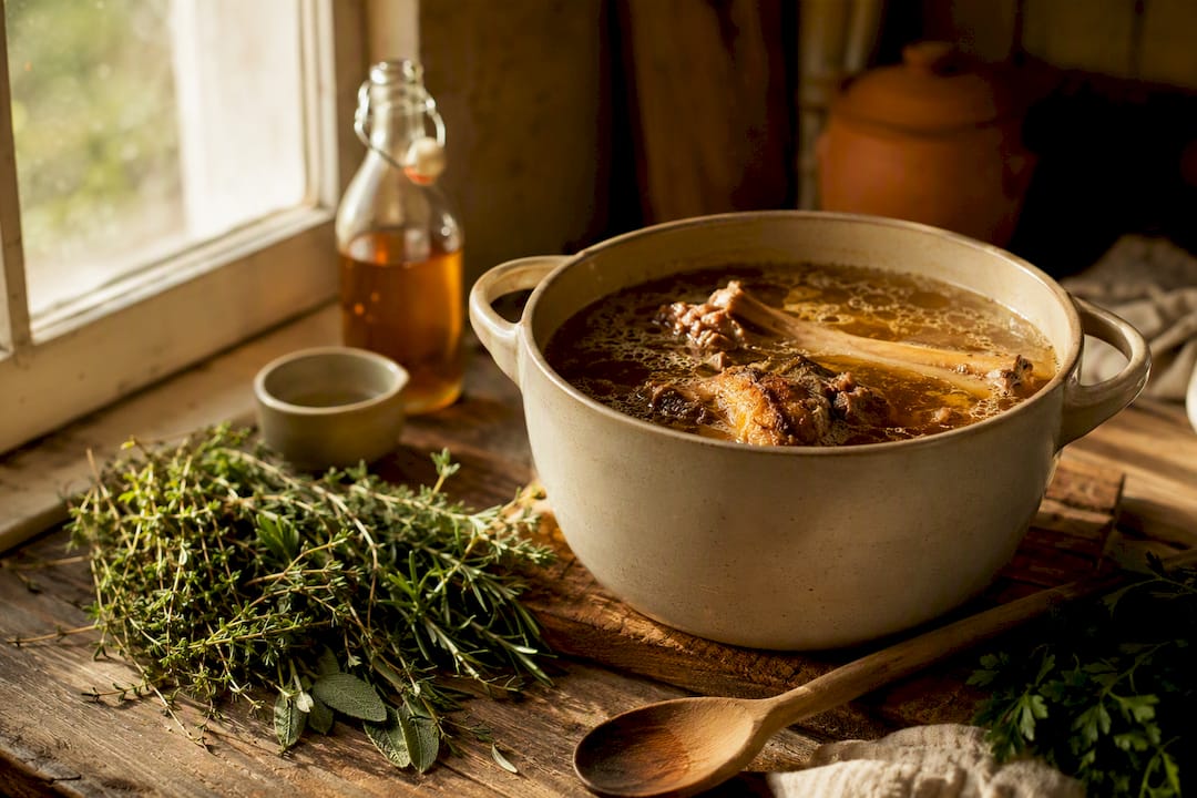 Simmering bone broth with roasted bones and herbs