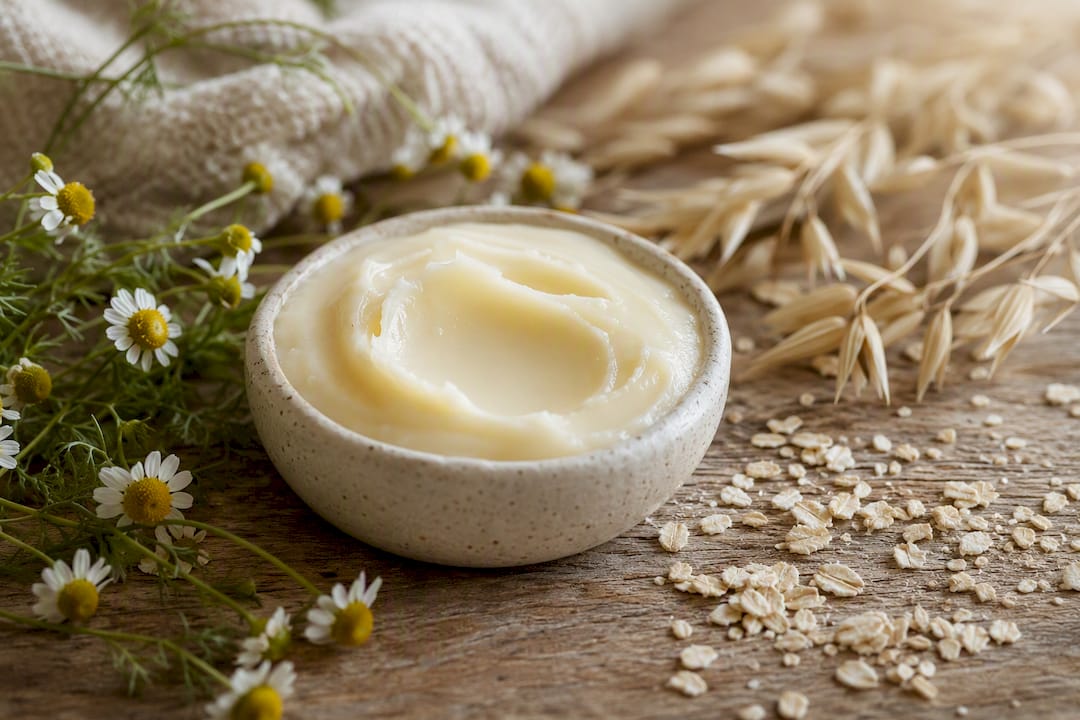 Ceramic dish with cream balm and botanicals on stone
