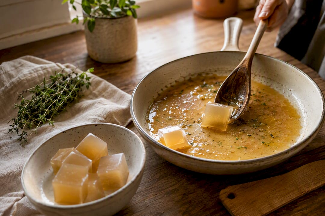 Melting bone marrow jelly in pan sauce