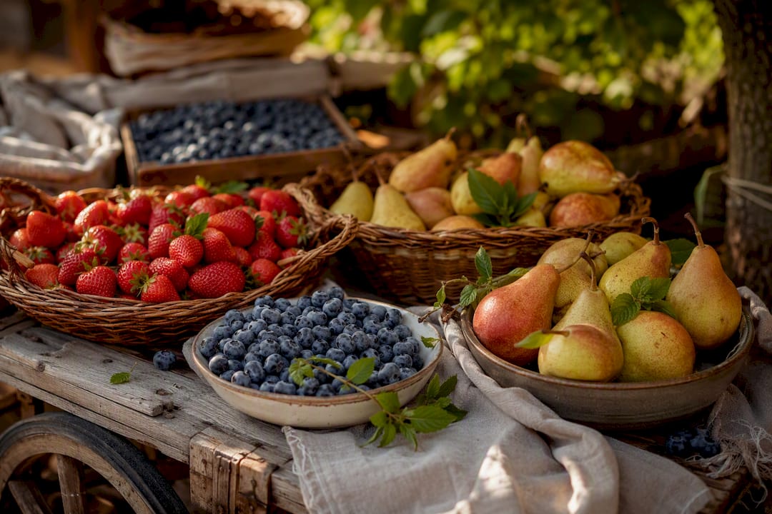 Seasonal organic fruits on rustic market stall