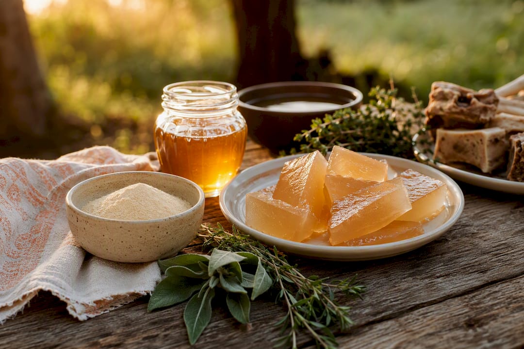 Natural collagen-rich ingredients on rustic table