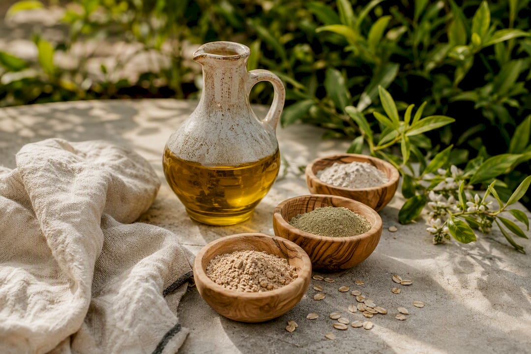 Avocado oil and starch powders in ceramic bowls