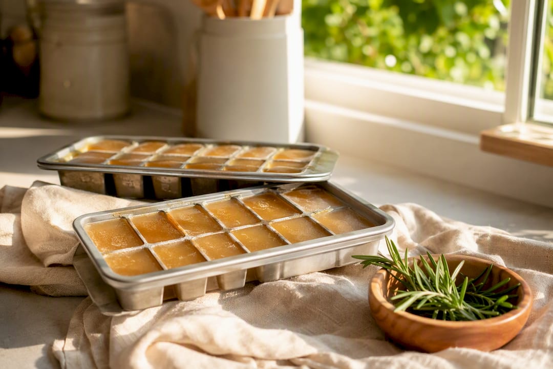 Frozen bone broth cubes in tray on wooden counter