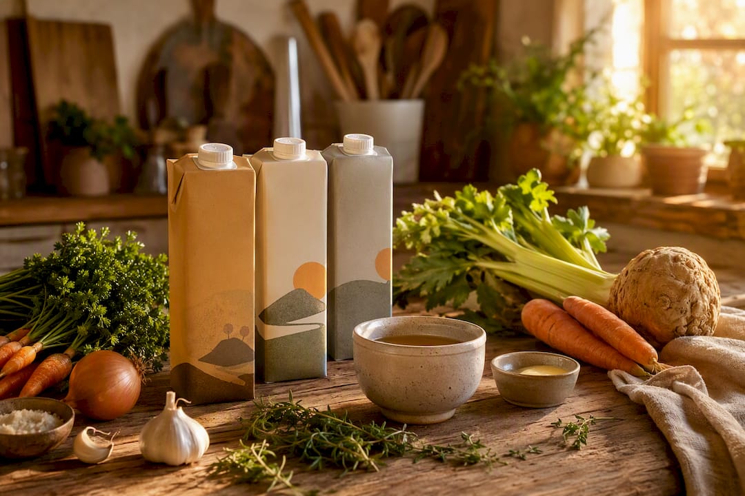 Ossa Organic bone broth variety on kitchen counter