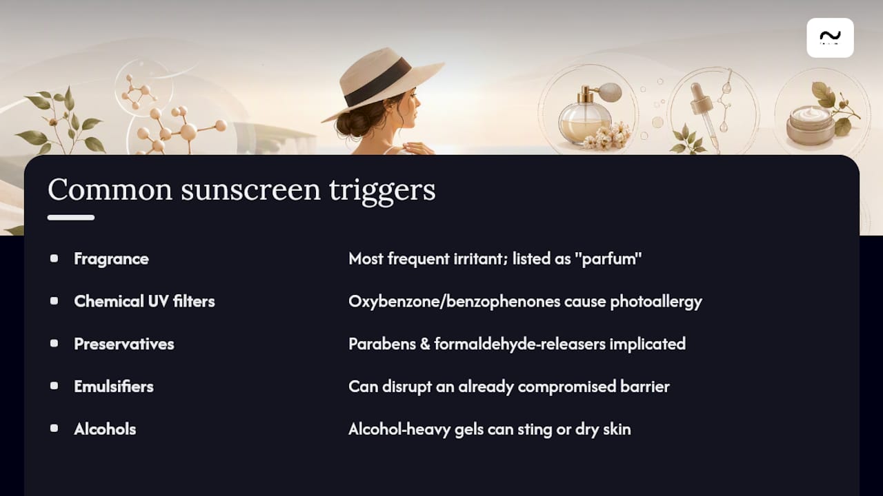 Ingredients that commonly trigger reactions in sunscreen — overview diagram