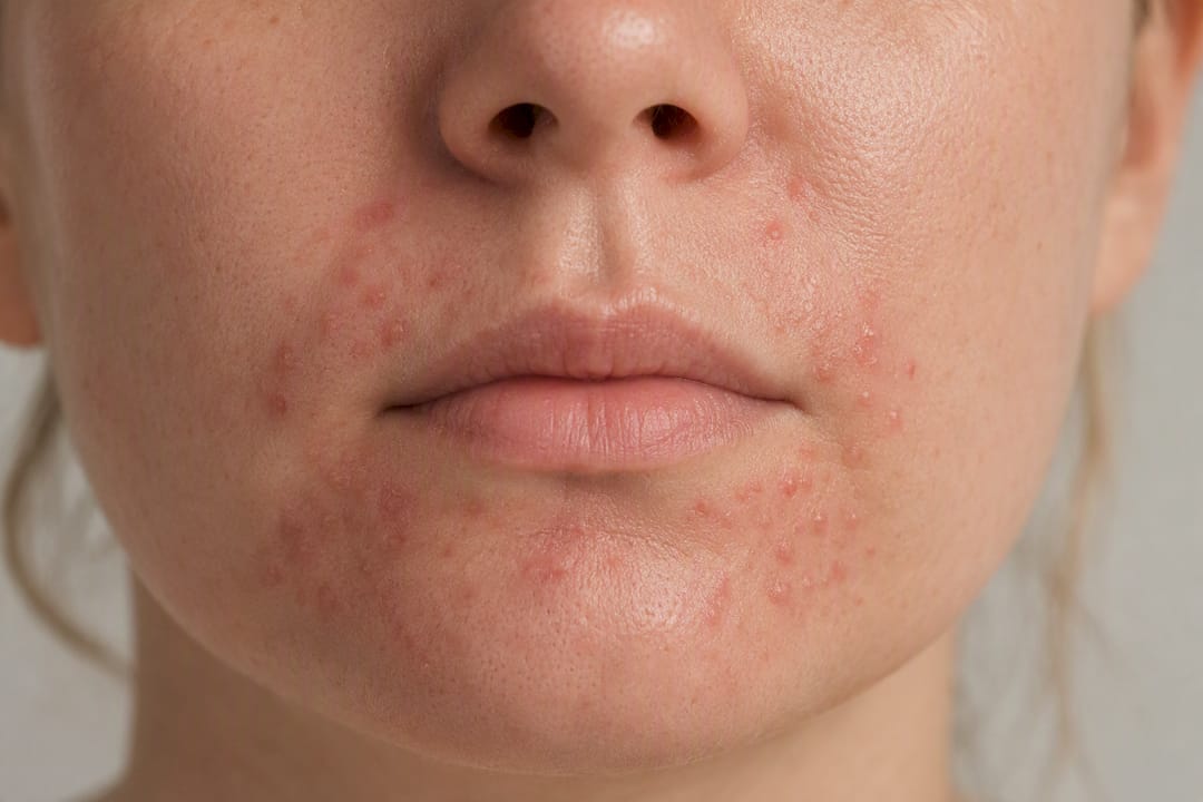 Red bumps around mouth with spared lip line
