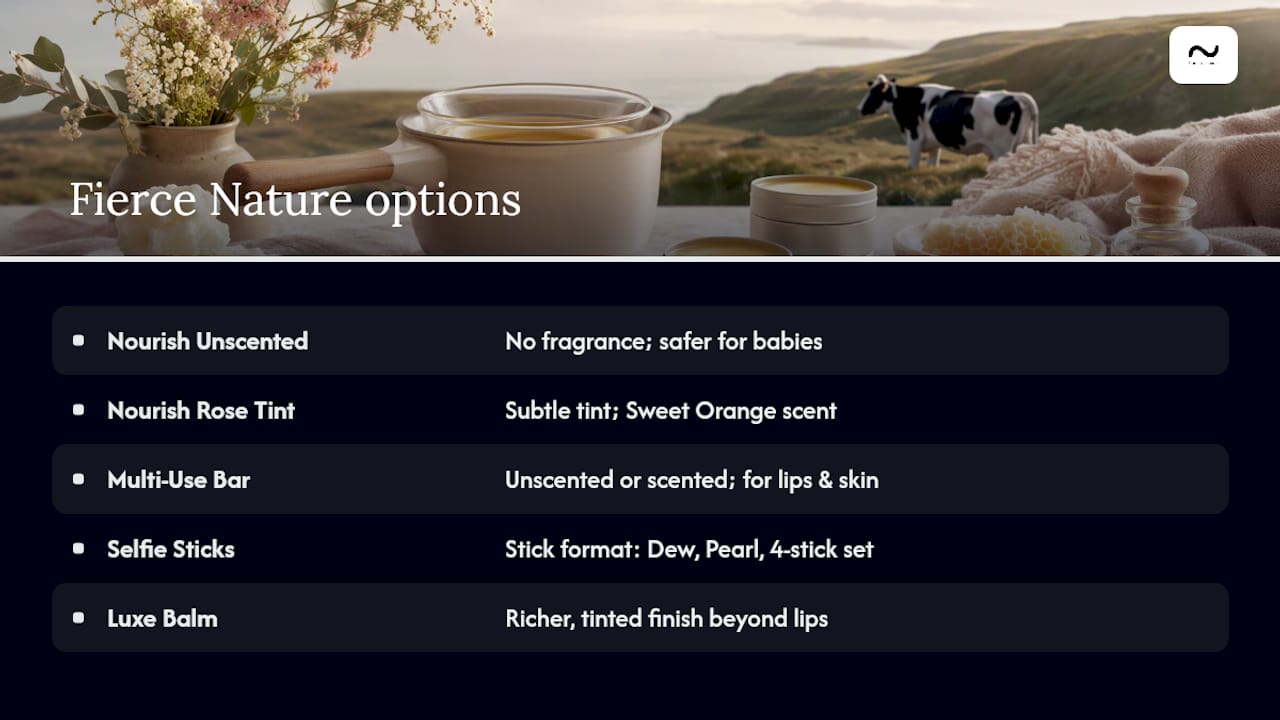 Fierce Nature's tallow lip balm and stick options — overview diagram