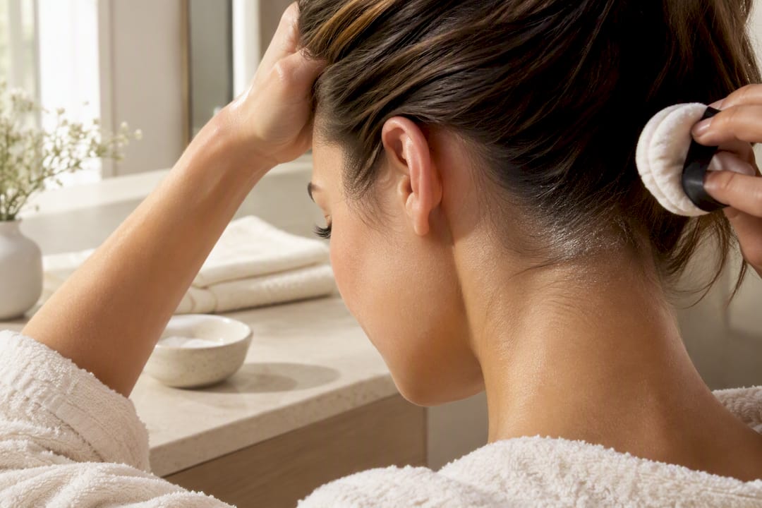 Dry shampoo applied behind ear and nape