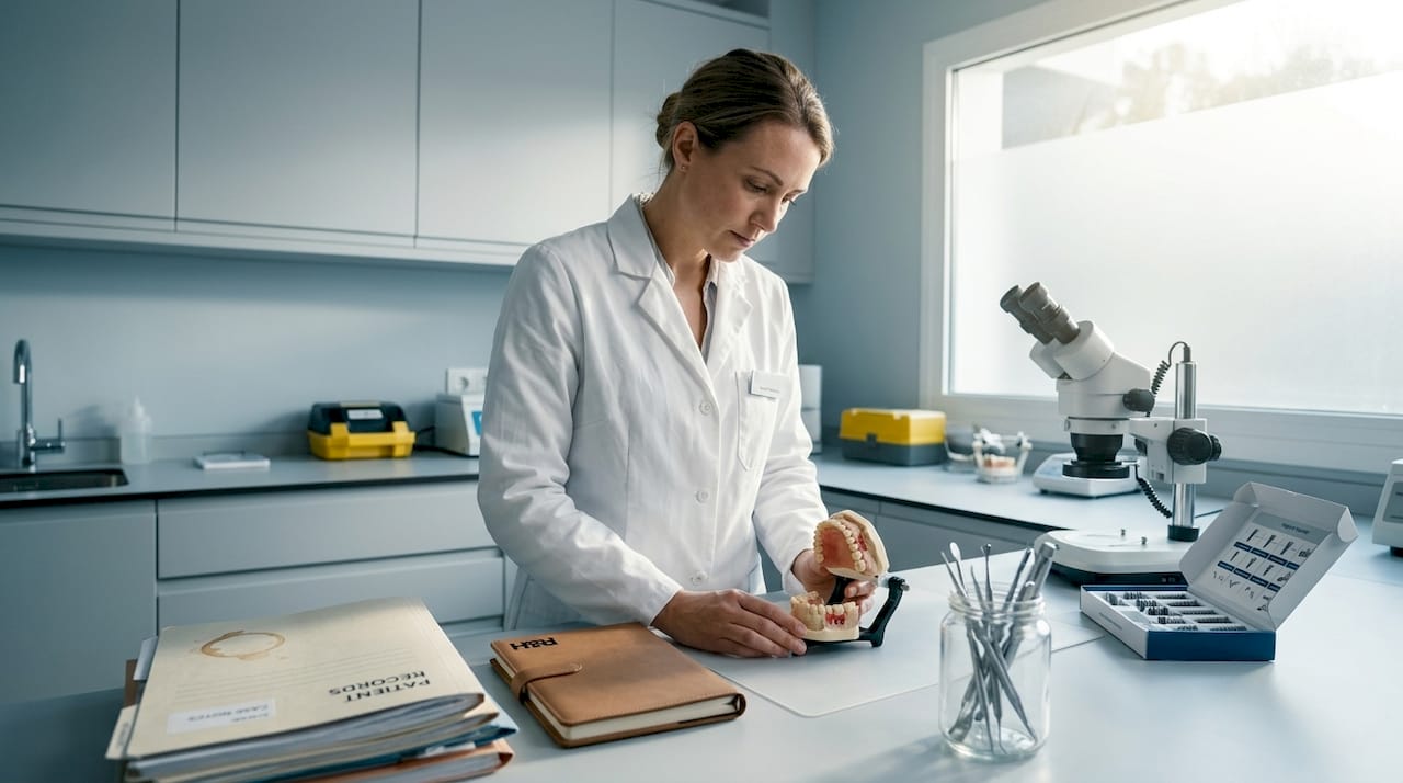 Dentist examines model of jaw bone loss