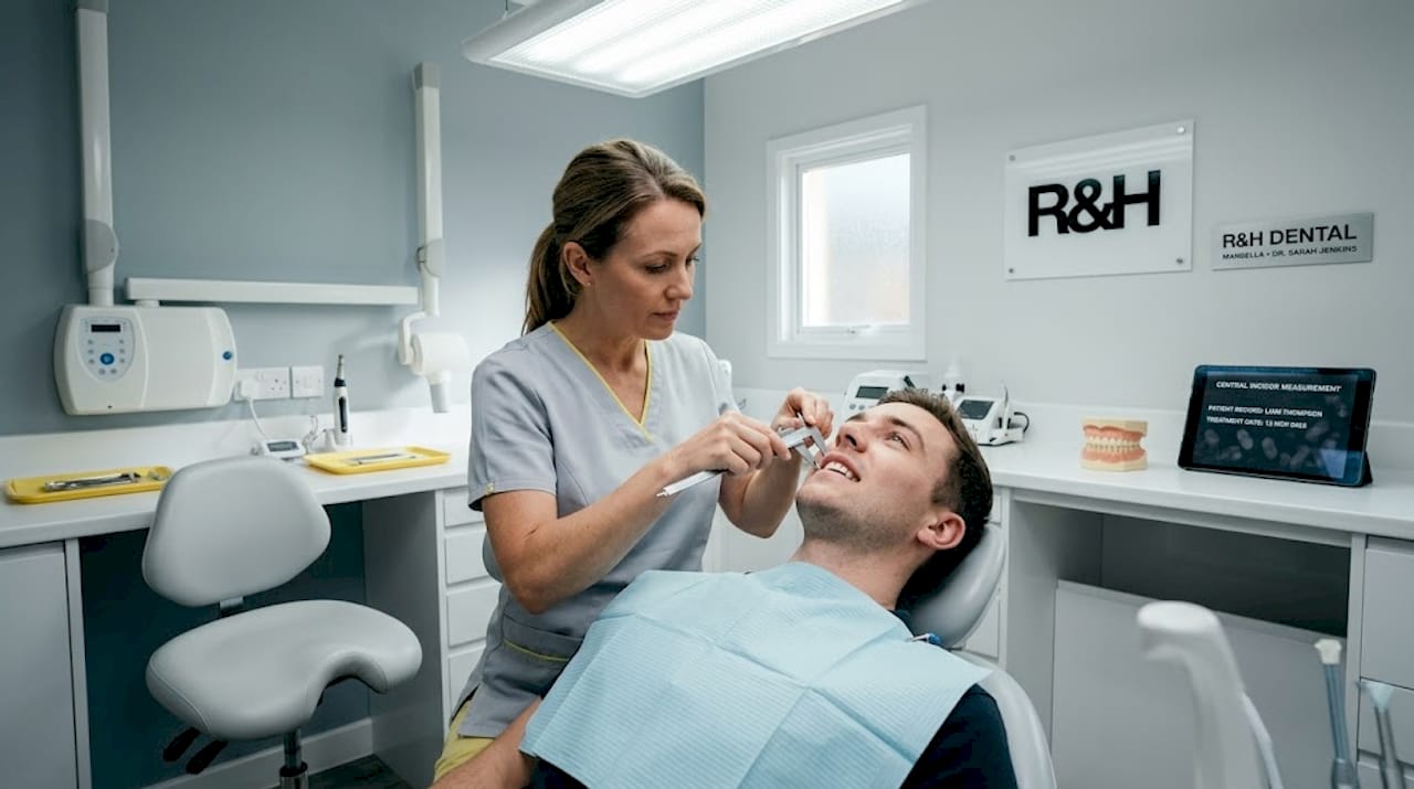 Dentist measuring central incisor ratio