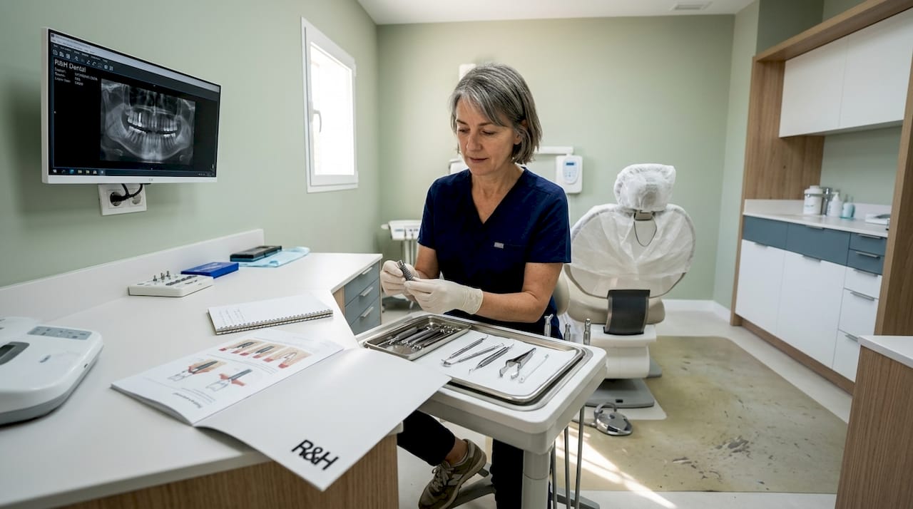 Dentist inspecting dental implant equipment
