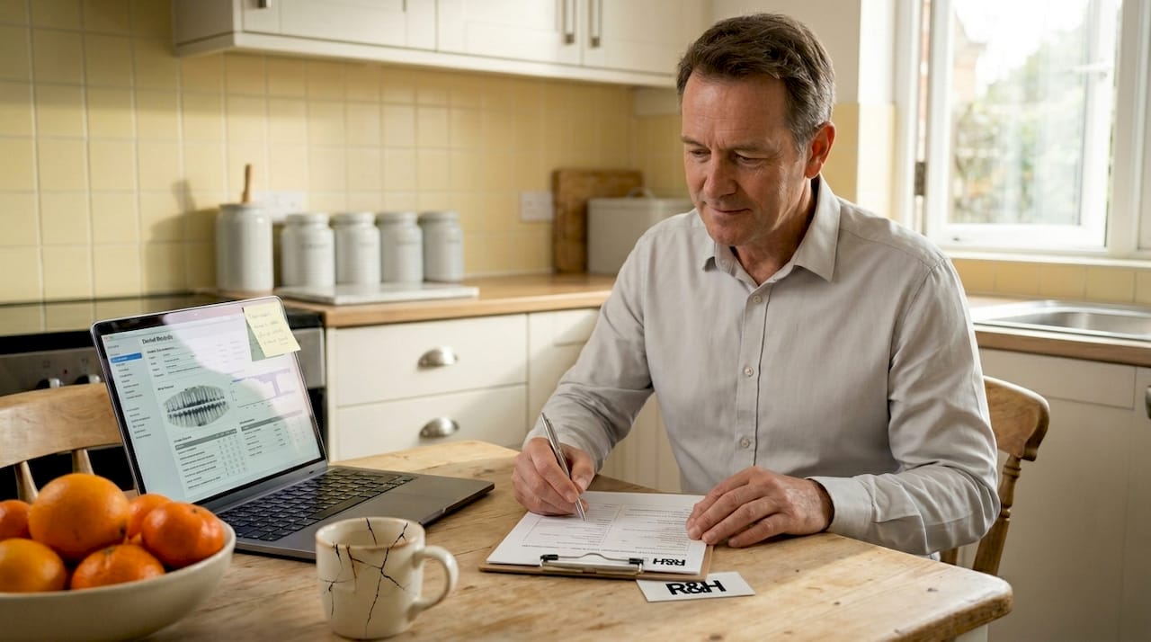 Man completing dental paperwork at kitchen table