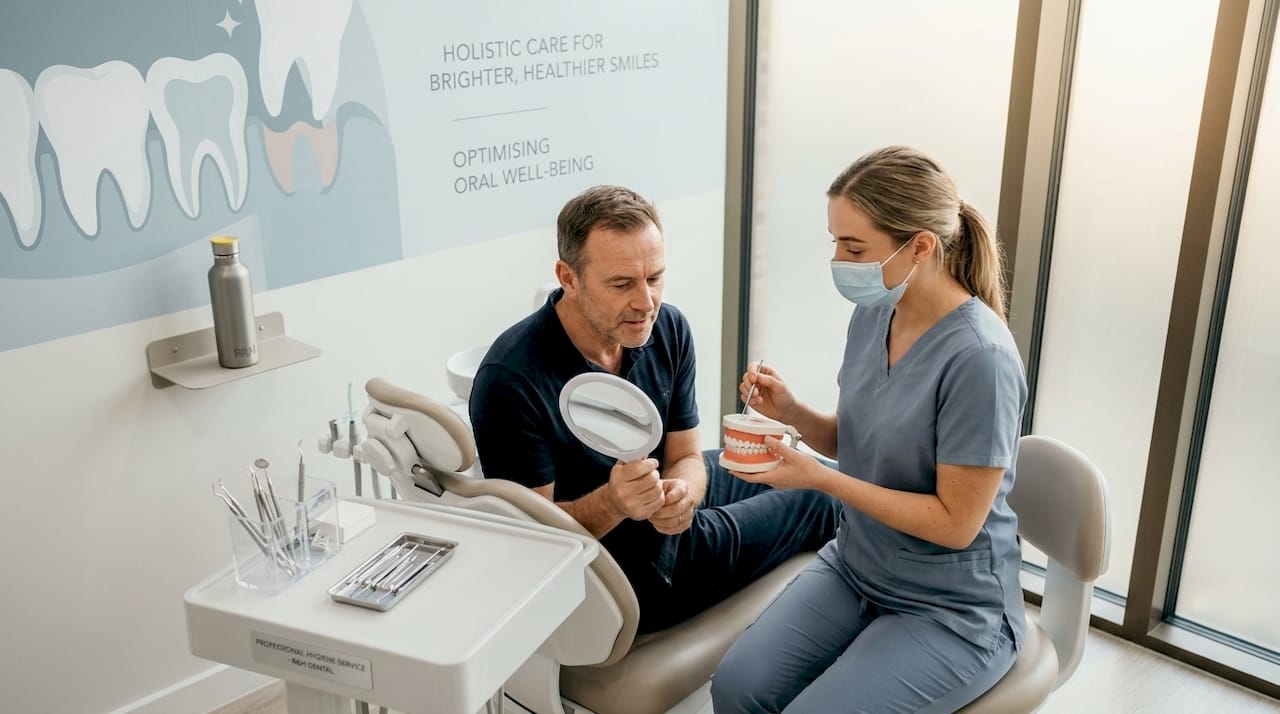 Dental hygienist explains brushing to patient