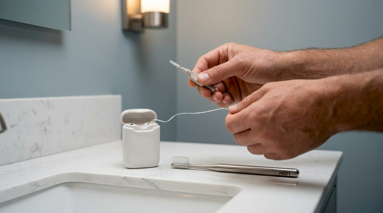 Hands holding interdental brush and floss