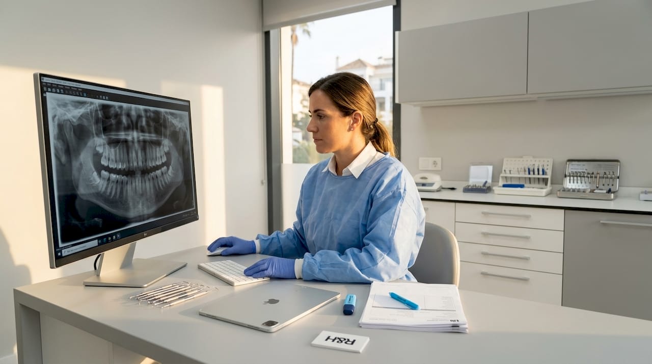 Dental technician analyzing 2D X-ray in clinic