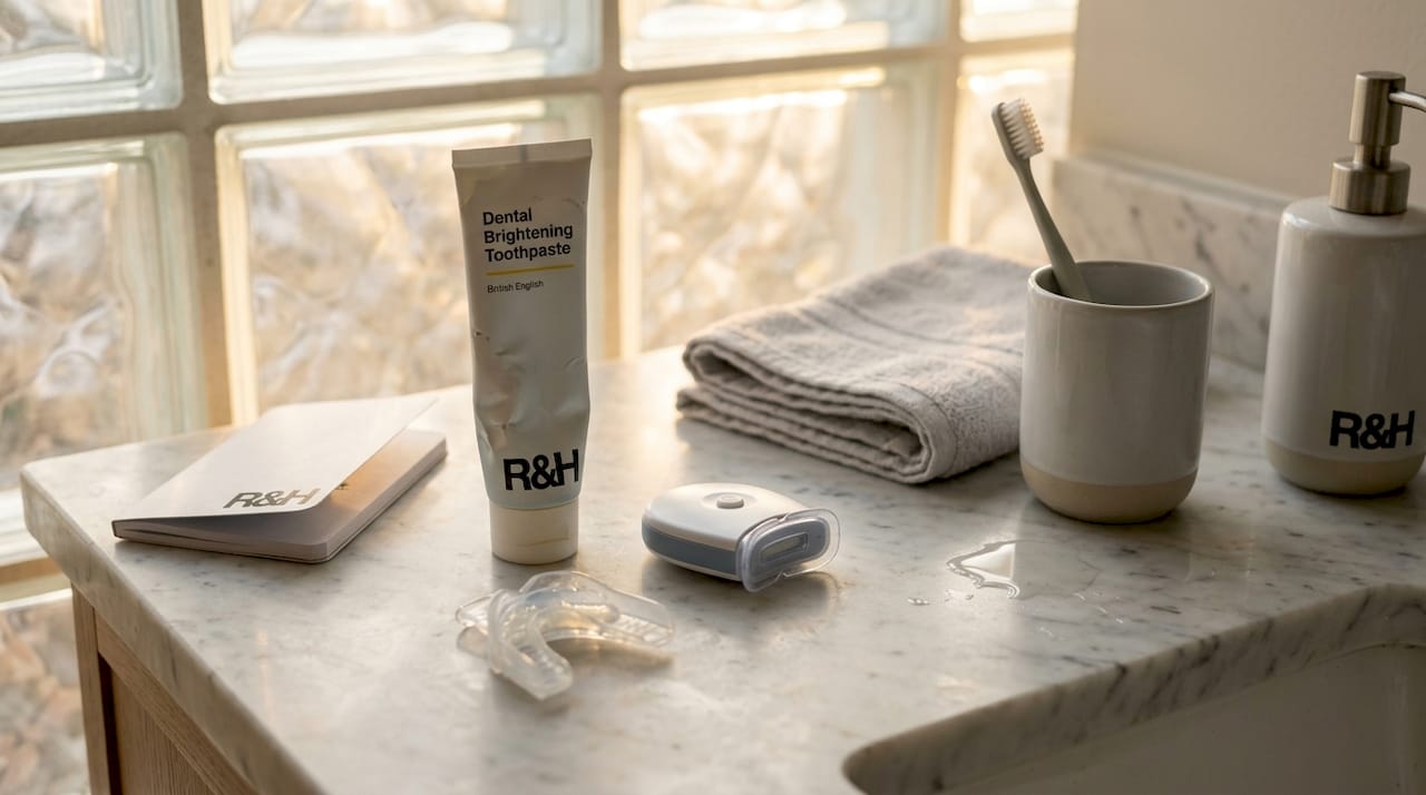 At-home teeth whitening products on bathroom counter
