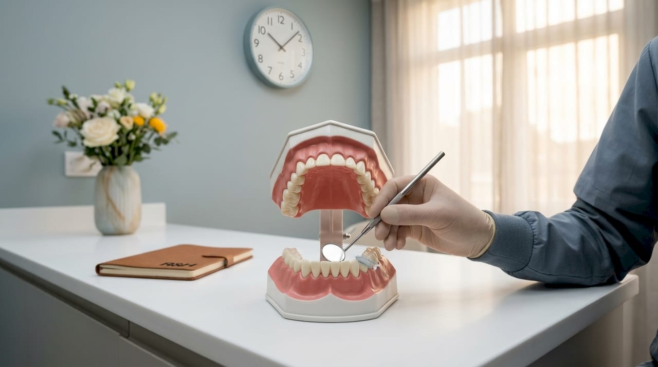 Dentist demonstrating cleaning four mouth quadrants