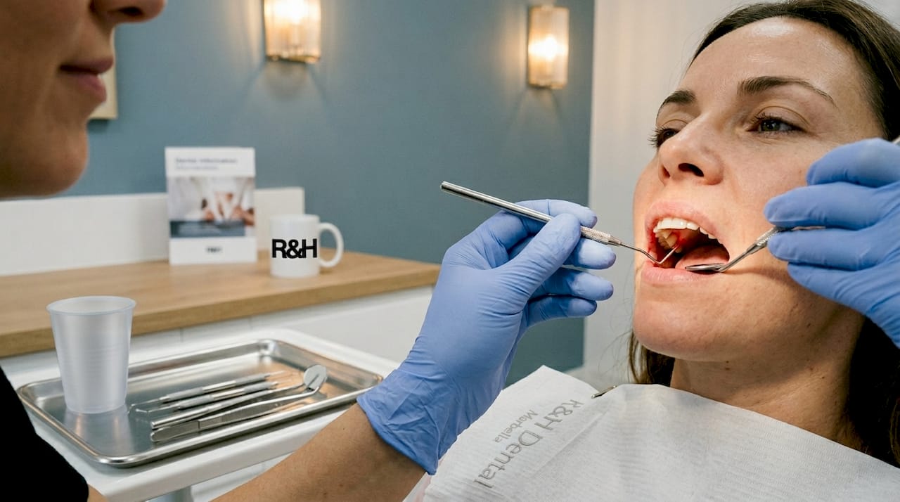 Close-up of gum health examination with dental probe