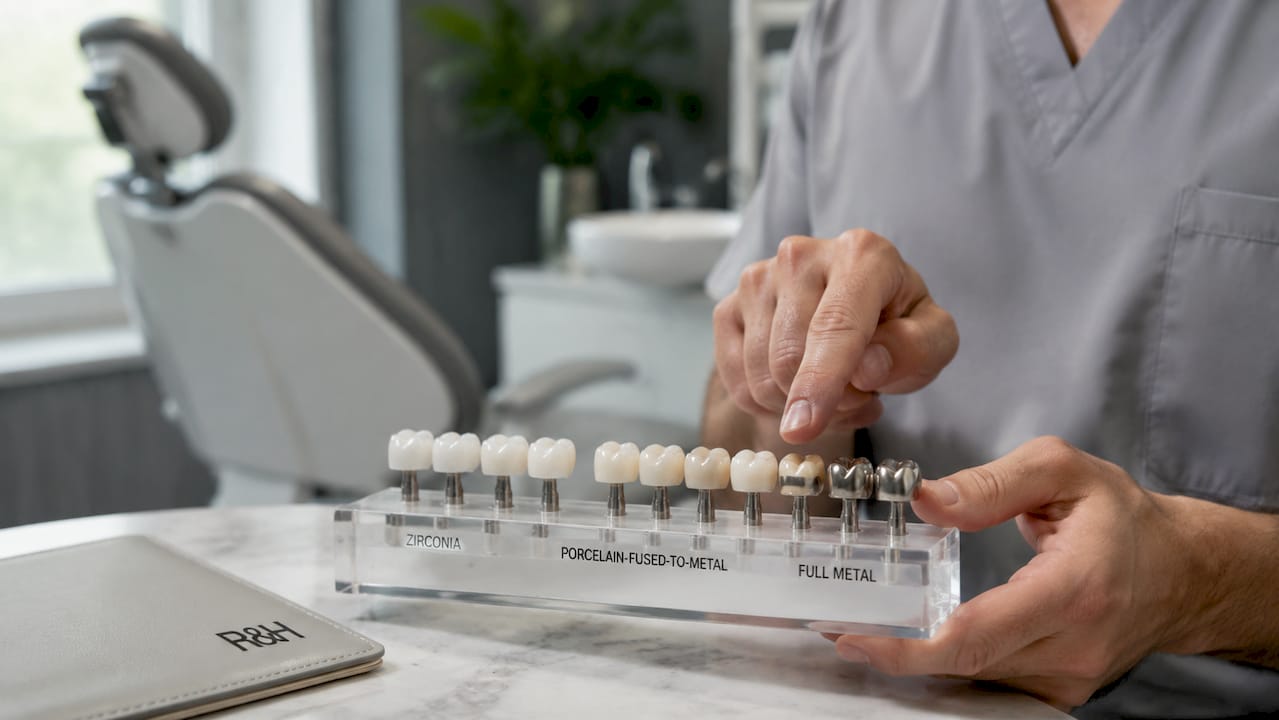 Hands showing various dental crown materials