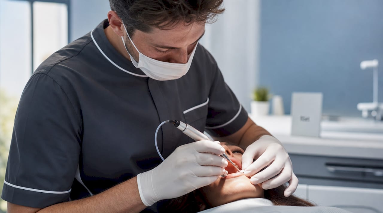 Close-up of laser irrigation during root canal treatment