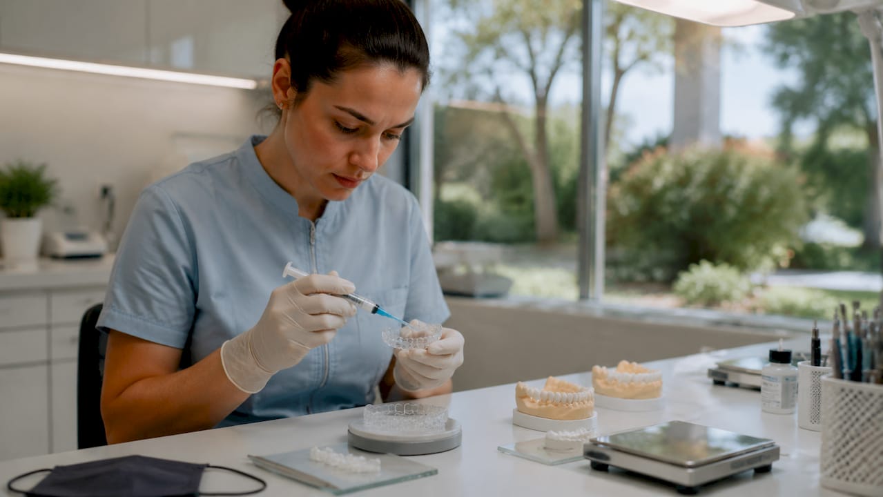 Hands preparing custom dental whitening trays