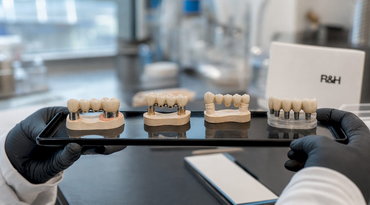 Close-up of various dental bridge models