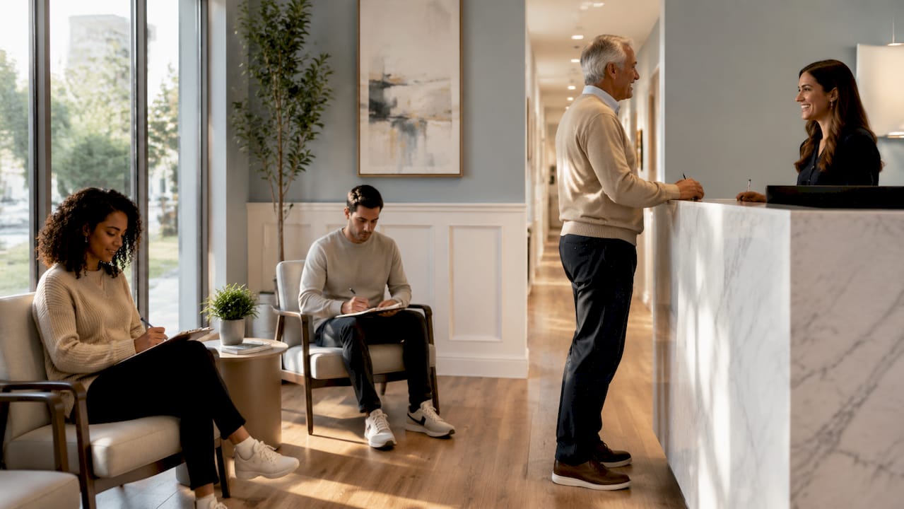 Modern dental clinic waiting area with patients