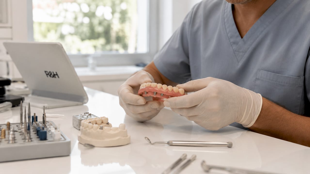 Hands fitting implant-supported denture in lab