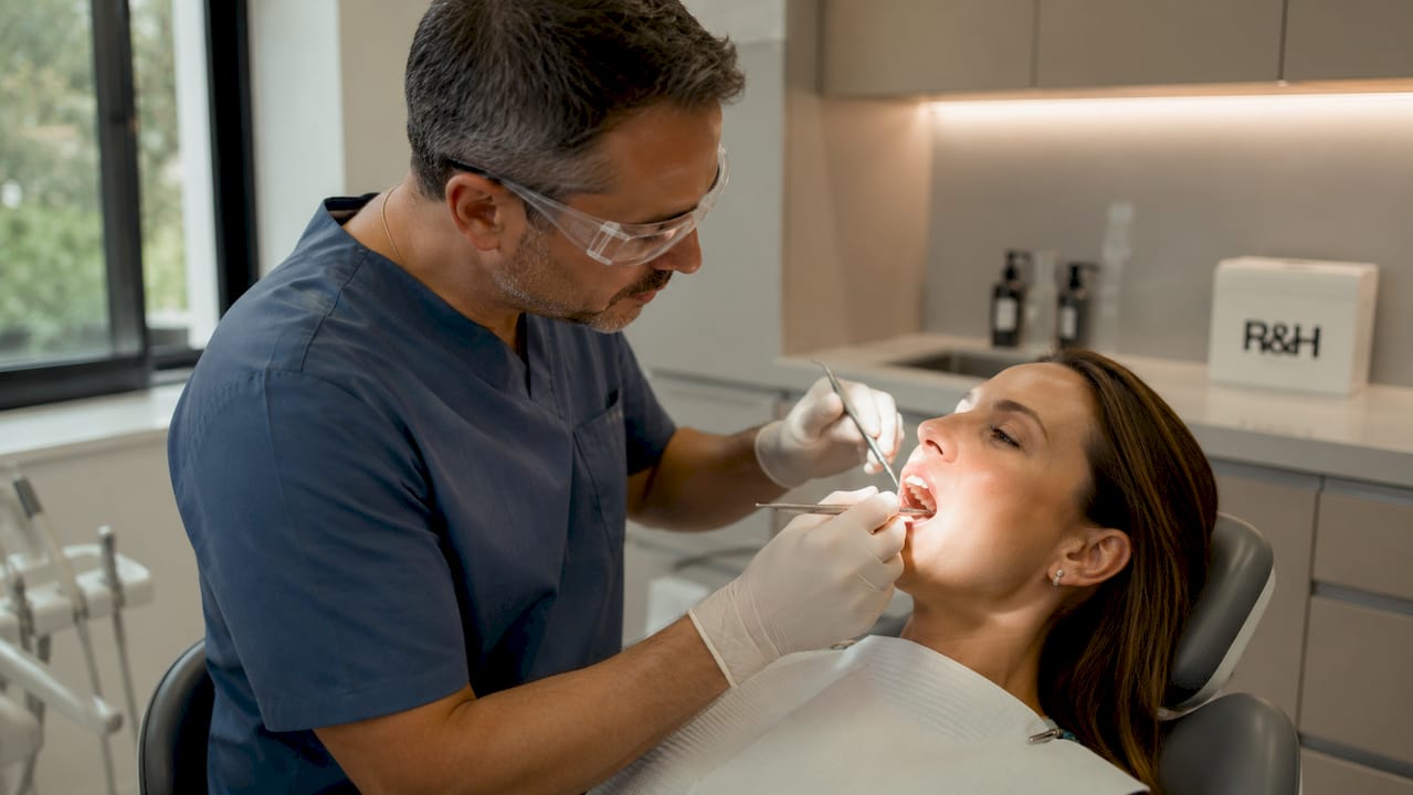 Dentist preparing patient's teeth for veneers