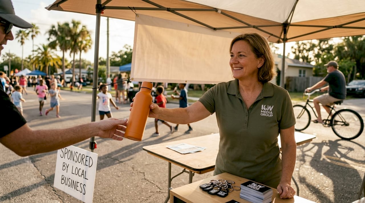 Business owner giving away branded items at festival